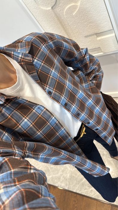 Трендова сорочка шоколад з синім в клітинку, картата сорочка коричнева