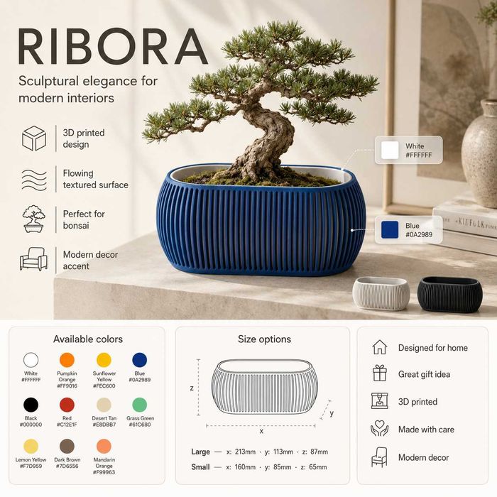 Vaso Ribora para Bonsai | Floreira Decorativa Moderna com Interior Removível | Vaso para Bonsai | Presente para Casa
