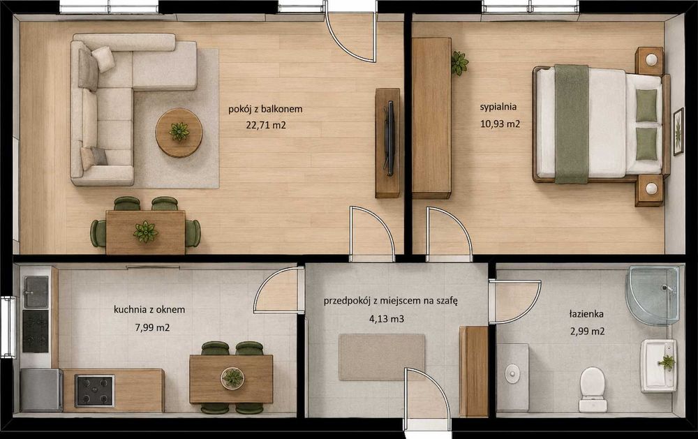 2 pok 48,8 m2 na ul. Al. Pokoju posiada balkon oraz piwnice