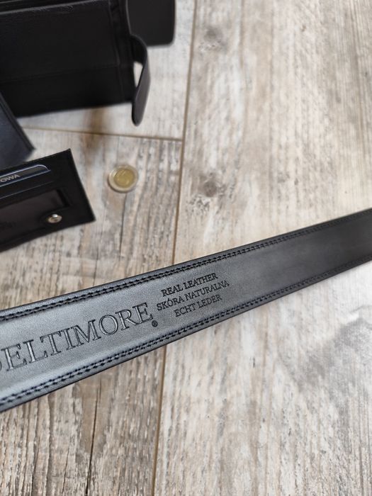 Zestaw nowy prezent męski skórzany pasek i portfel czarny pudełko 110