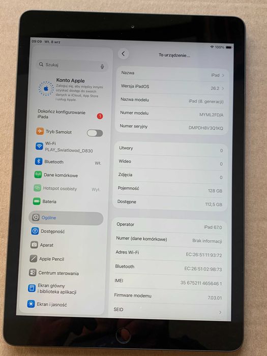 Tablet apple ipad 8 generacji  A2429 128GB bateria 90%