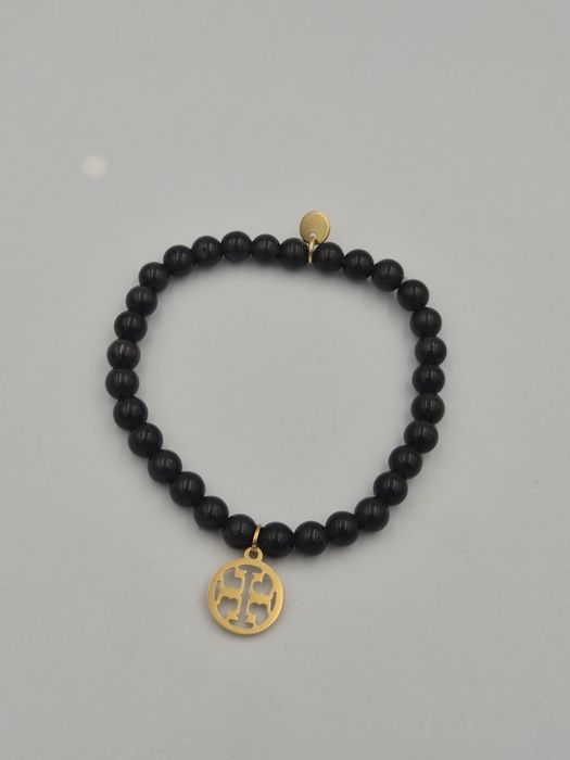 Bransoletka zawieszka złota kamienie naturalne kocie oko czarna na gum