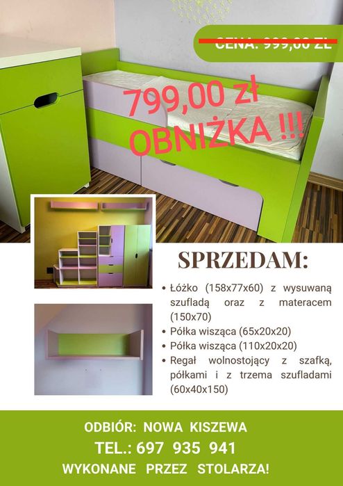 Zestaw mebli dziecięcych: łóżko, 2x półki ścienne, regał wolnostojący