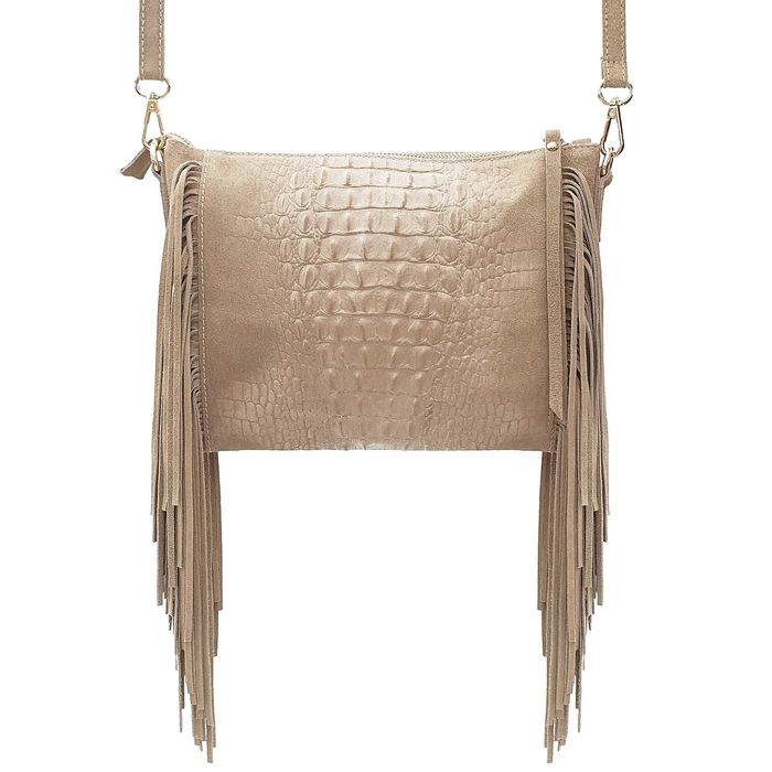 VERA PELLE torebka zamszowa listonoszka z frędzlami V001 beżowa