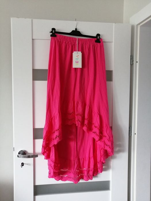 Spódnica różowa asymetryczna ażur bawełna m L xl