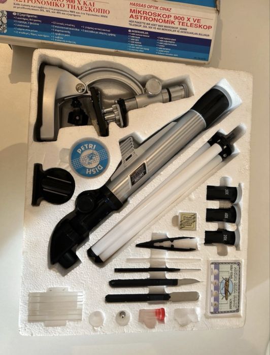 conjunto educacional de microscópio 900X e astronômico telescópio