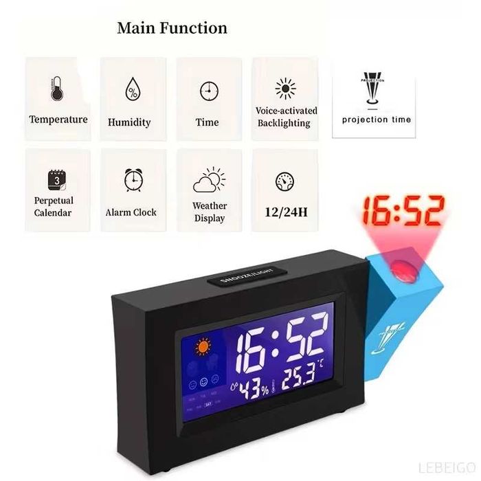 Relógio com projeção, temperatura, humidade clima USB ou bateria