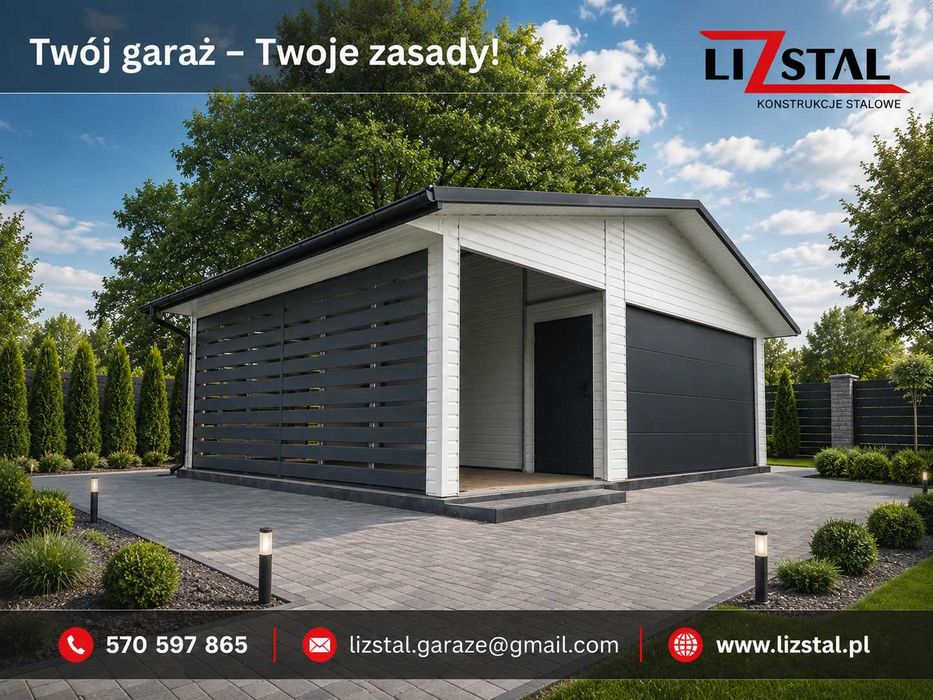 Garaż z wiatą 6x6, wypusty dachu, segmentowa