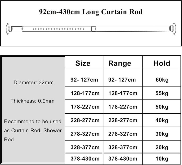 Drążek do zasłon o długości 92 cm - 377 cm,