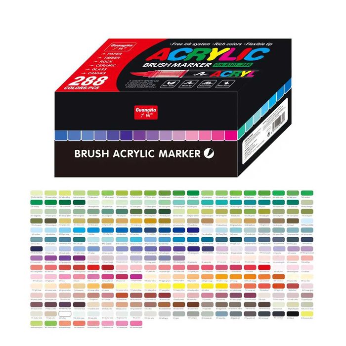 Акрилові маркери GuangNa Acrylic Brush Marker GN.8101 | Акрилові художні маркери 288 шт з пензликовим наконечником