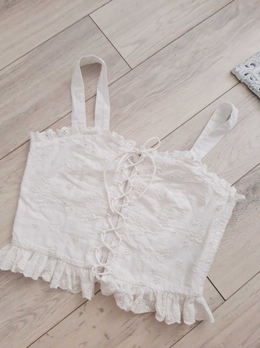 Top H&M biały ażur haft falbanki wiązany M 38 bluzka