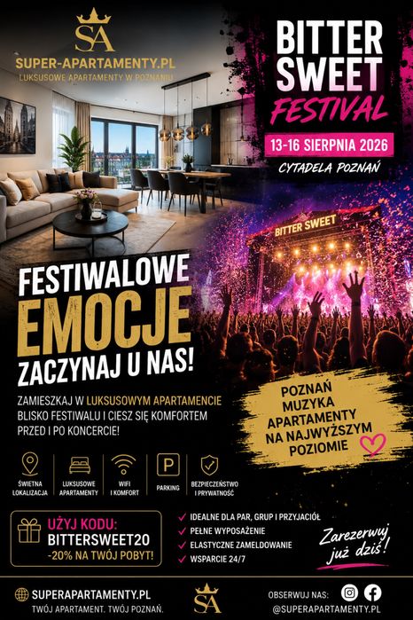 Bitter Sweet Festival ostatnie ekskluzywne apartamenty 1km od strefy koncertu Poznan VIP www.super-apartamenty.pl 1 2 3 pok basen sauna jacuzzi taras
