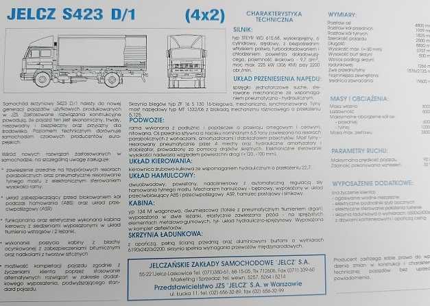 JELCZ S423 D/1 samochód ciężarowy prospekt polski lata 90