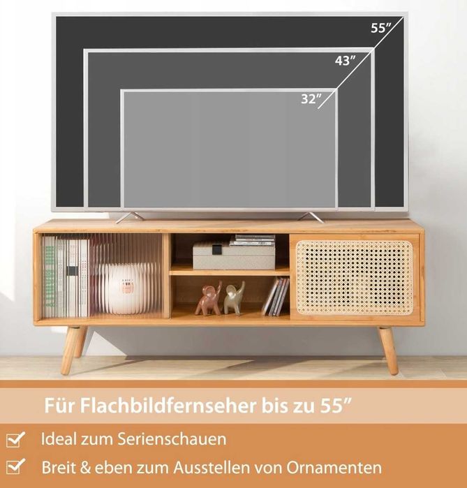 Bambusowa szafka RTV z rattanowymi drzwiami