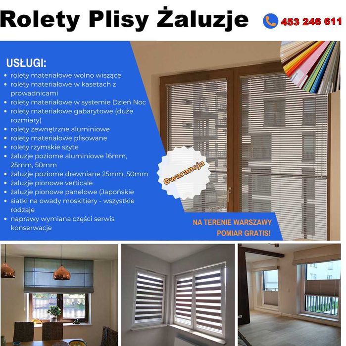 Rolety Plisy Żaluzje Moskitiery Montaż Serwis Warszawa i okolice !