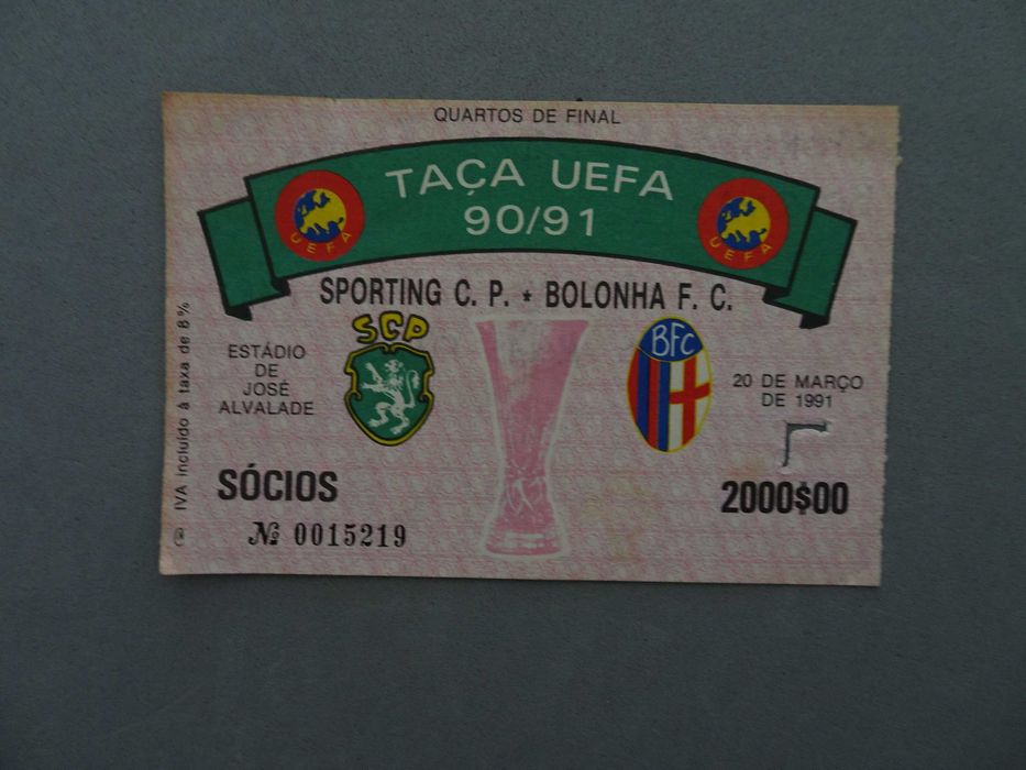 Bilhete futebol Sporting Bolonha Taça UEFA 90/91 20 março 1991