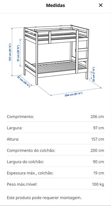 Estrutura beliche branco MYDAL - Ikea + Colchões