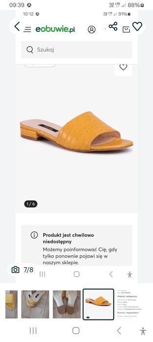 GINO ROSSI r.39/40 skóra naturalna skórzane damskie klapki buty żółte