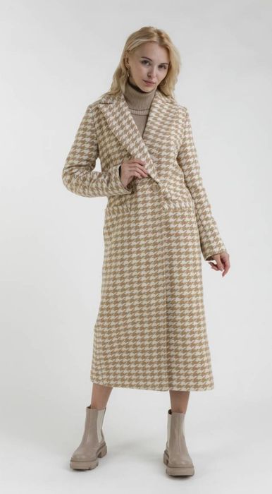 Пальто пряме в гусячу лапку бежеве Romashka розмір S з шерстю