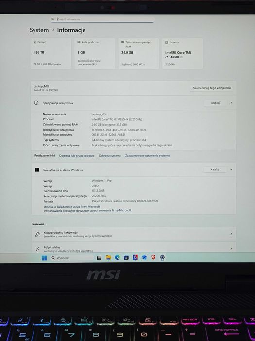 MSI Sword 16 HX RTX4060 Intel i7-14650HX 24GB 2TB SSD 144Hz FHD W11Pro