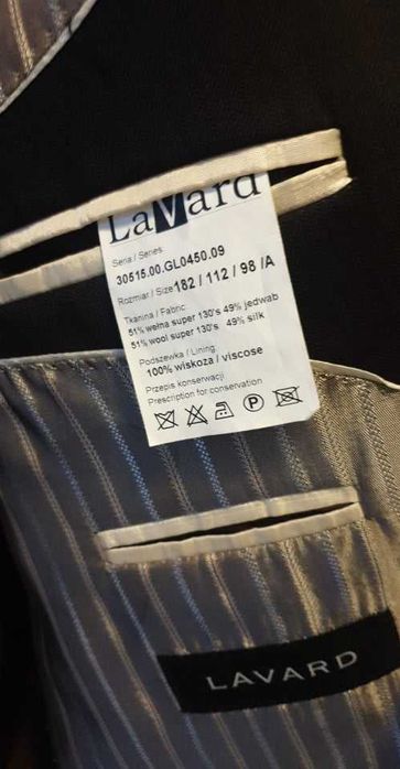 garnitur LAVARD na 182 cm głęboka czekoalda ideał marynarka +spodnie
