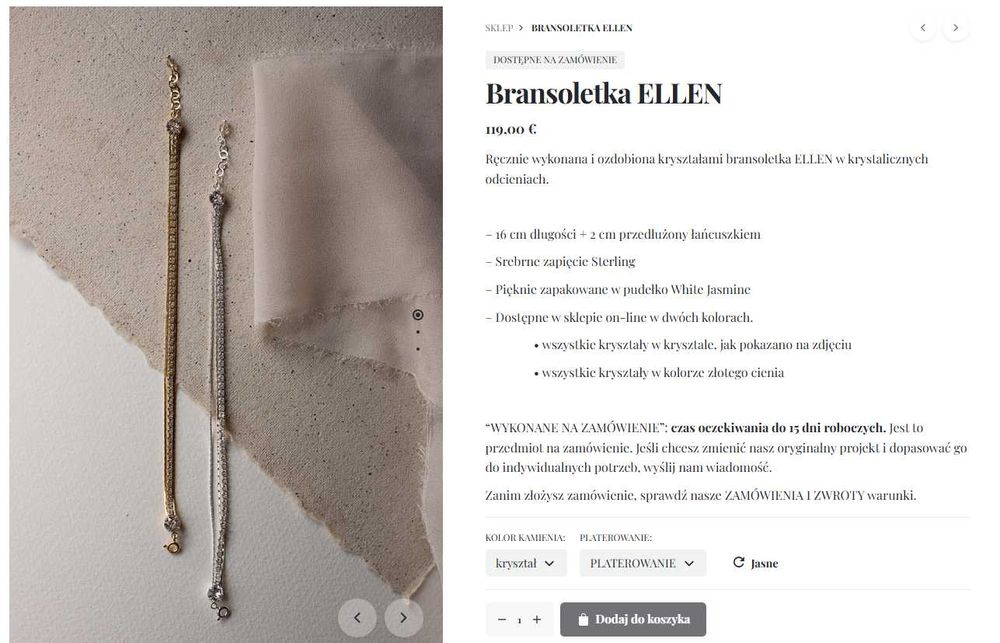 White Jasmine bransoletka ELLEN z kryształkami ręcznie wykonana ślubna