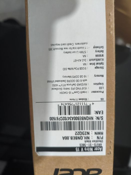 Acer Nitro v15 i5 13Gen 16GB DDR5 RTX 4050 6GB
