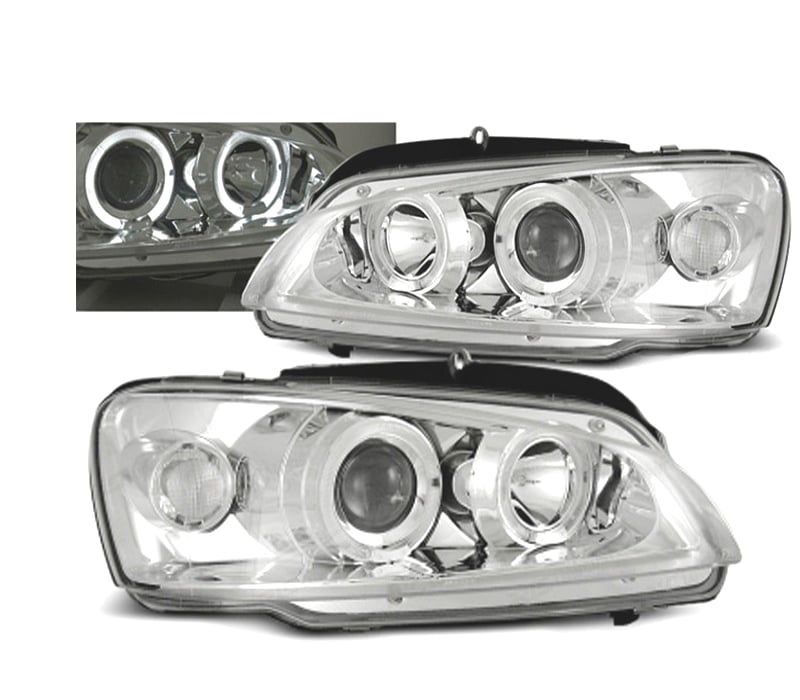 FARÓIS ANGEL EYES PEUGEOT 106 96-02 FUNDO CROMADO