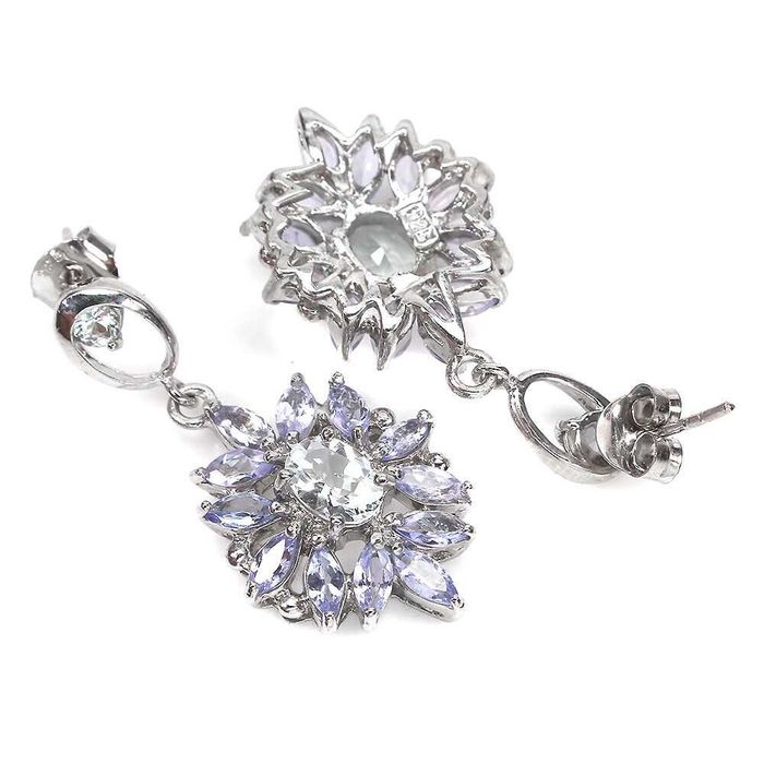 Серьги из 925 пробы с  овальным аквамарином  и танзанитом