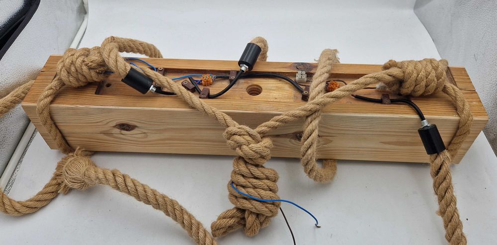 Lampa Żyrandol z drewna i liny unikatowe oświetlenie 3 źródła światła!