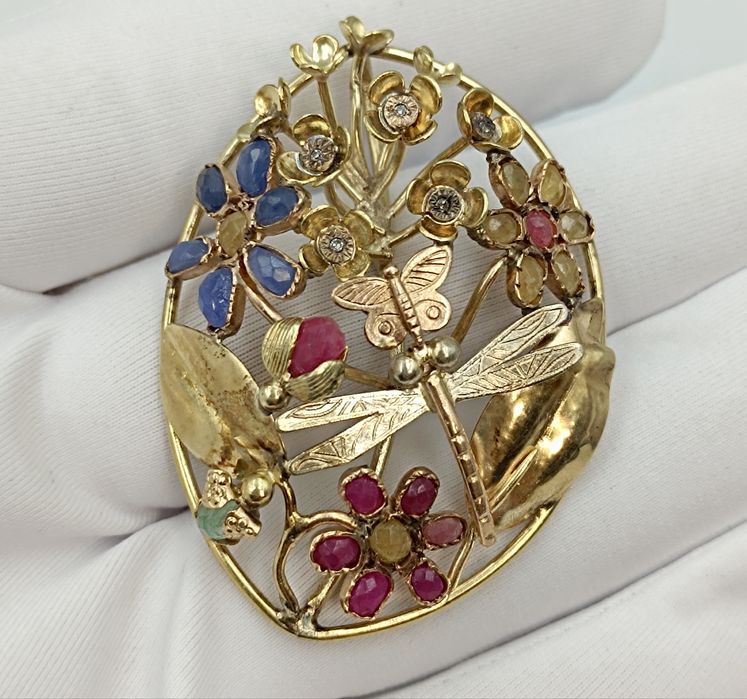 Антикварный золотой кулон 56 пробы с драгоценными камнями