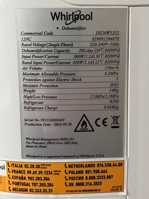 Whirlpool Desumidificador - DE20W5252 (6.5 L - 20 L/dia)