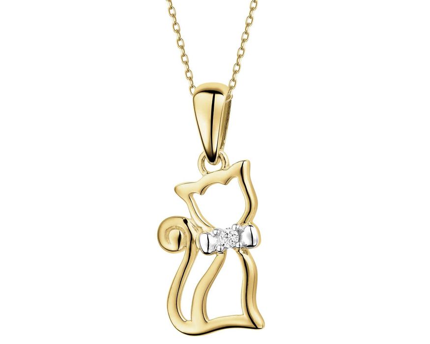 Wisiorek z żółtego złota z diamentem - kot - 0.008 ct - próba 375