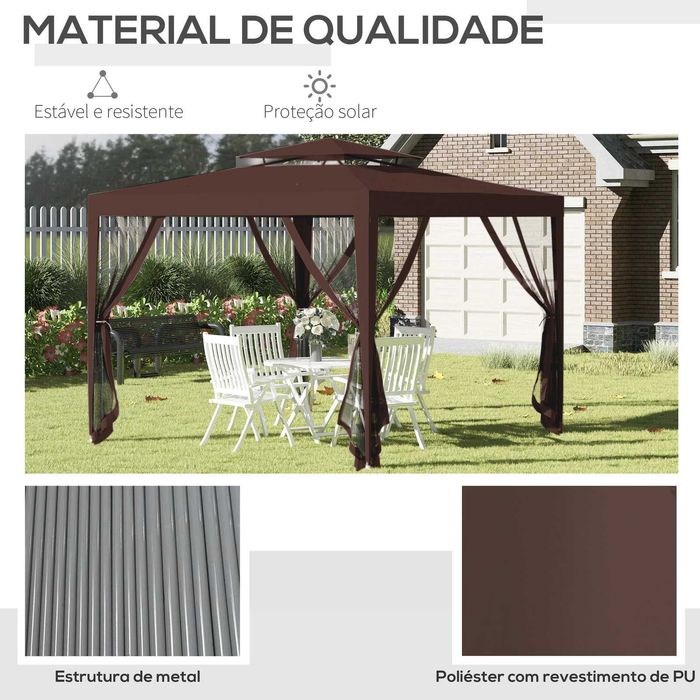 Pérgola quadrada 297x297x268 cm com teto ventilado e cortinas