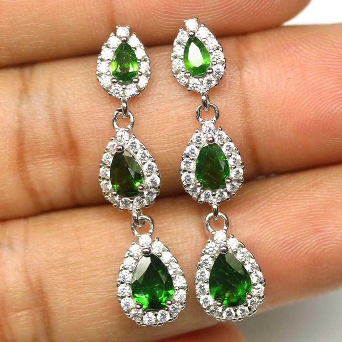 Серьги из хром диопсида и циркония, серебро 925 пробы
