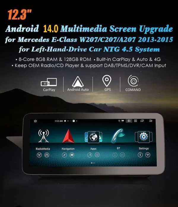 Auto Rádio  Android 14 Classe B W246 e Classe E W207 12.3" (2 Portas)