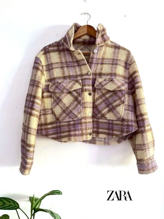 Casaco/Camisa Zara Bege e Lilás aos Quadrados (Oversized)
