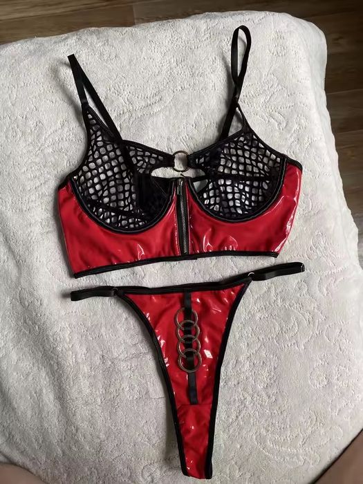 komplet bielizny zapinany na zamek, skórzany biustonosz erotyczny