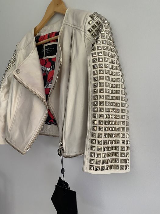 Philipp Plein kurtka skórzana ćwieki ramoneska S 36 kremowa nowa