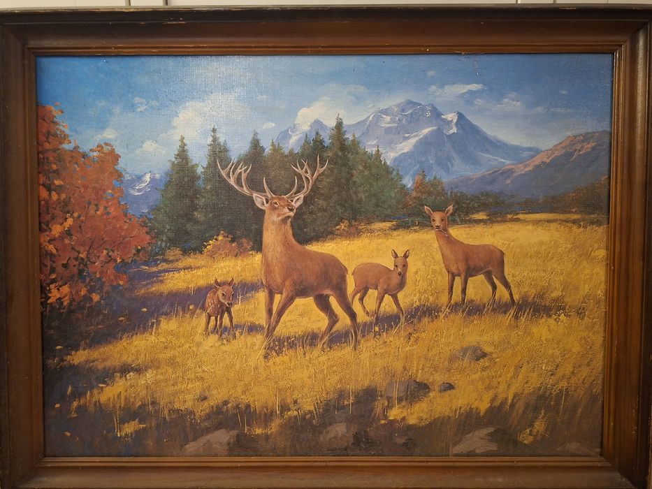 Duży obraz myśliwski Jelen na rykowisku vintage PRL 78×60 cm drewniana rama