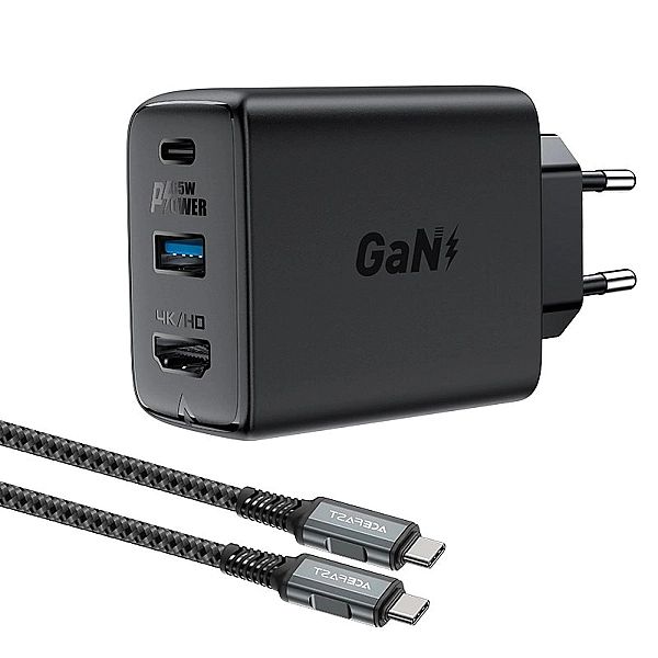 Acefast 2w1 ładowarka sieciowa GaN 65W USB Typ C / USB, adapter przejś