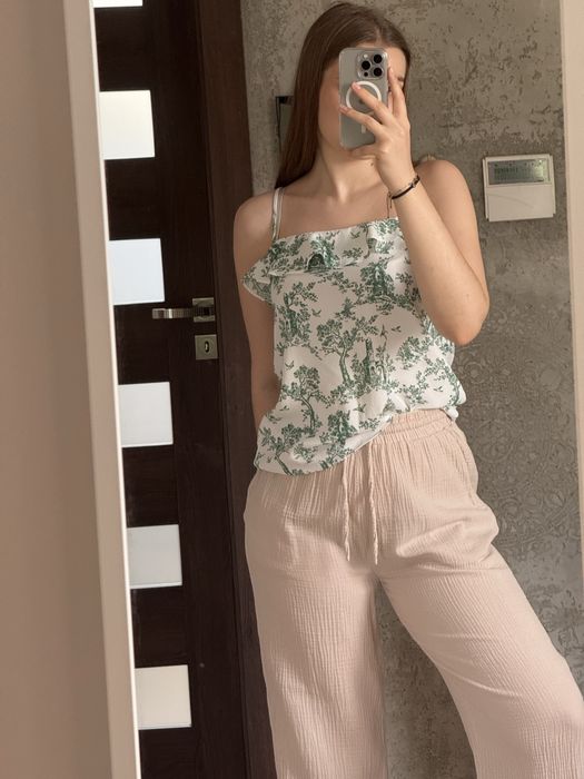 Petni top na ramiączkach rośliny malowany falbanka H&M biały zielony
