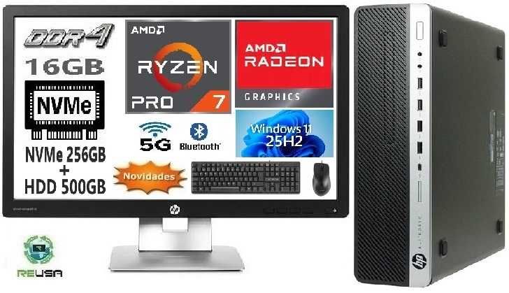 NF.43  Pack Pç HP +Lcd 22"P. 8ªG|Ryzen.7.Pro 2700|16G|Nvme256+HD500|5G+BT|W11