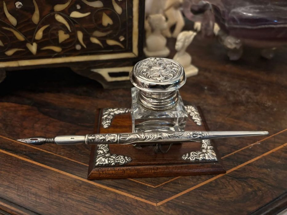 Tinteiro madeira e prata