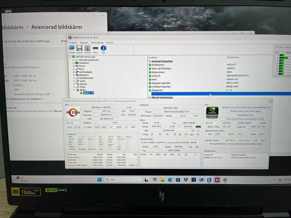 Ігровий Acer NITRO AN17 QHD165Hz/R7-8845HS/RTX4070 8GB/16DDR5/SSD1TB