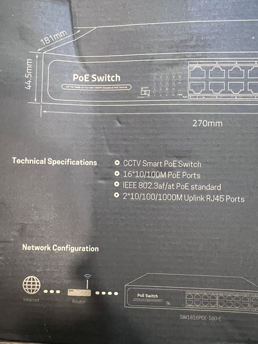 Switch PoE 16 Portas + 2 Uplink Gigabit | Modo Extend 250m 160W