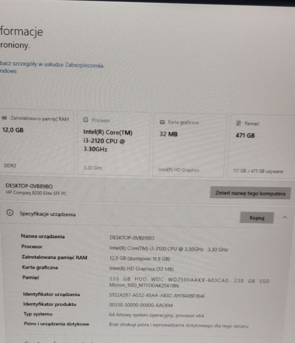 Komputer stacjonarny HP I5 win 10, 12GB Ram, czytnik kart, modem wifi