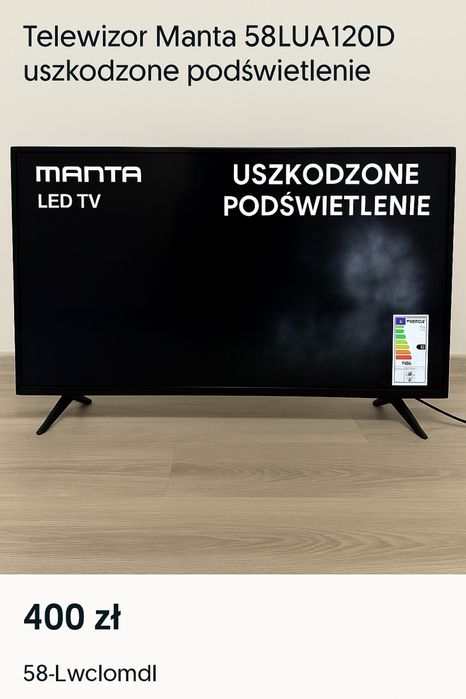 Telewizor Manta 58LUA120D – uszkodzone podświetlenie,58 cali 4K Smart