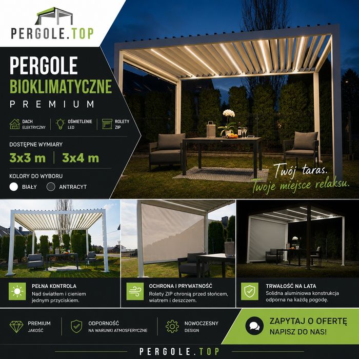 Pergola Tarasowa Ogrodowa Aluminium LED Automat Roleta