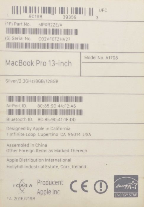 Laptop MacBook Pro 13 2017 A1708/13.3/i5/8/SSD128/macOS Sequoia 15.7.1